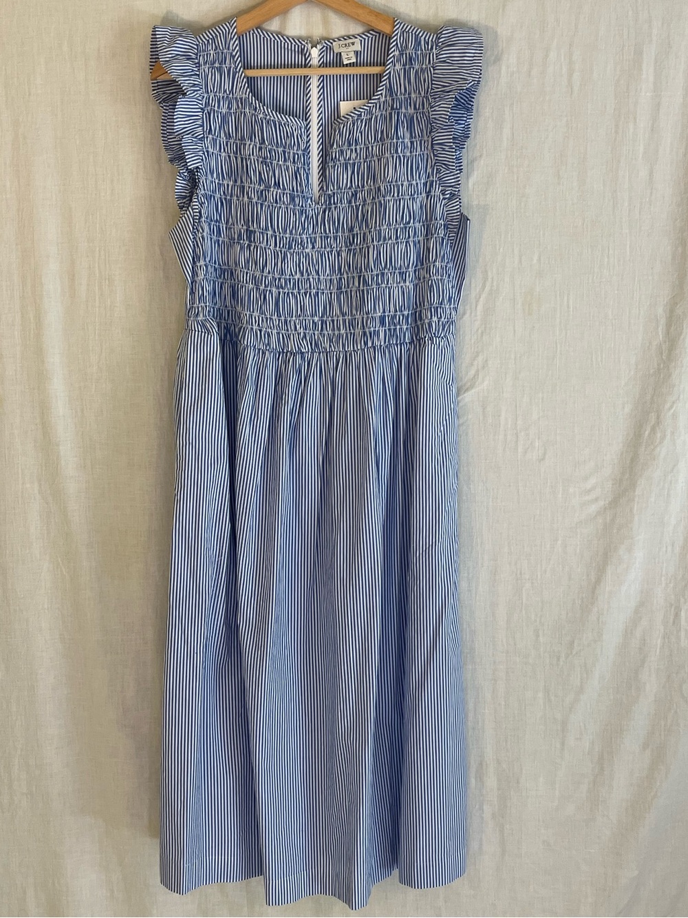 NWT J. Crew Blue and White Pinstripe Smocked Midi Dress